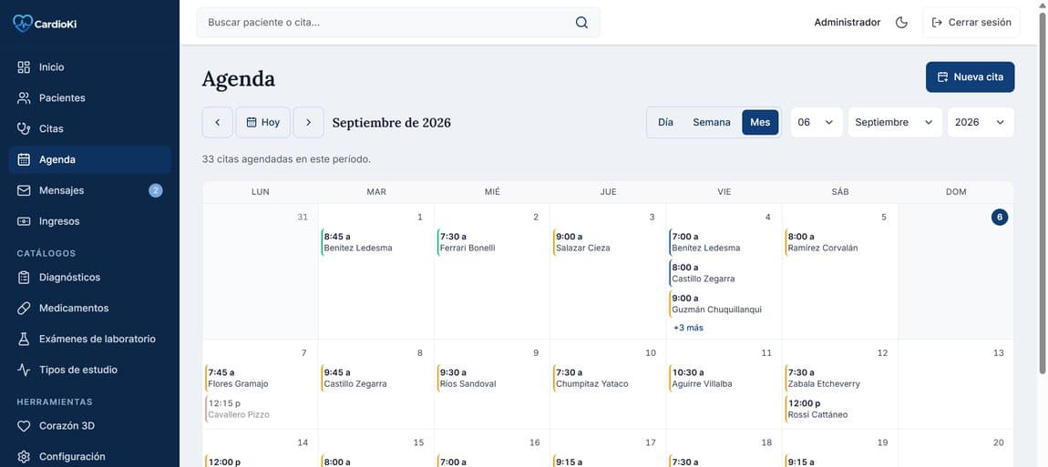 Pantalla de Agenda en la aplicación de CardioKi