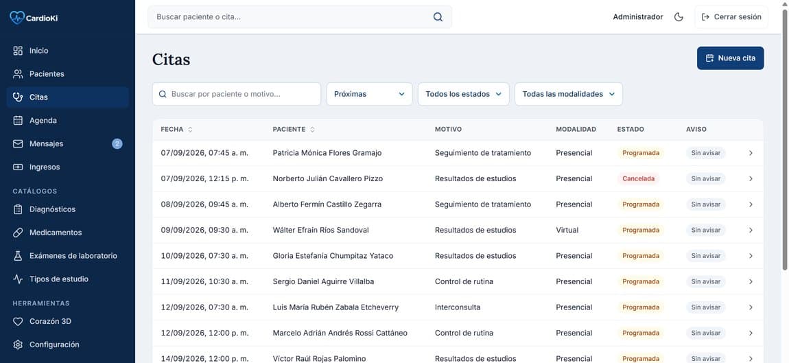 Pantalla de Citas en la aplicación de CardioKi (1 de 2)