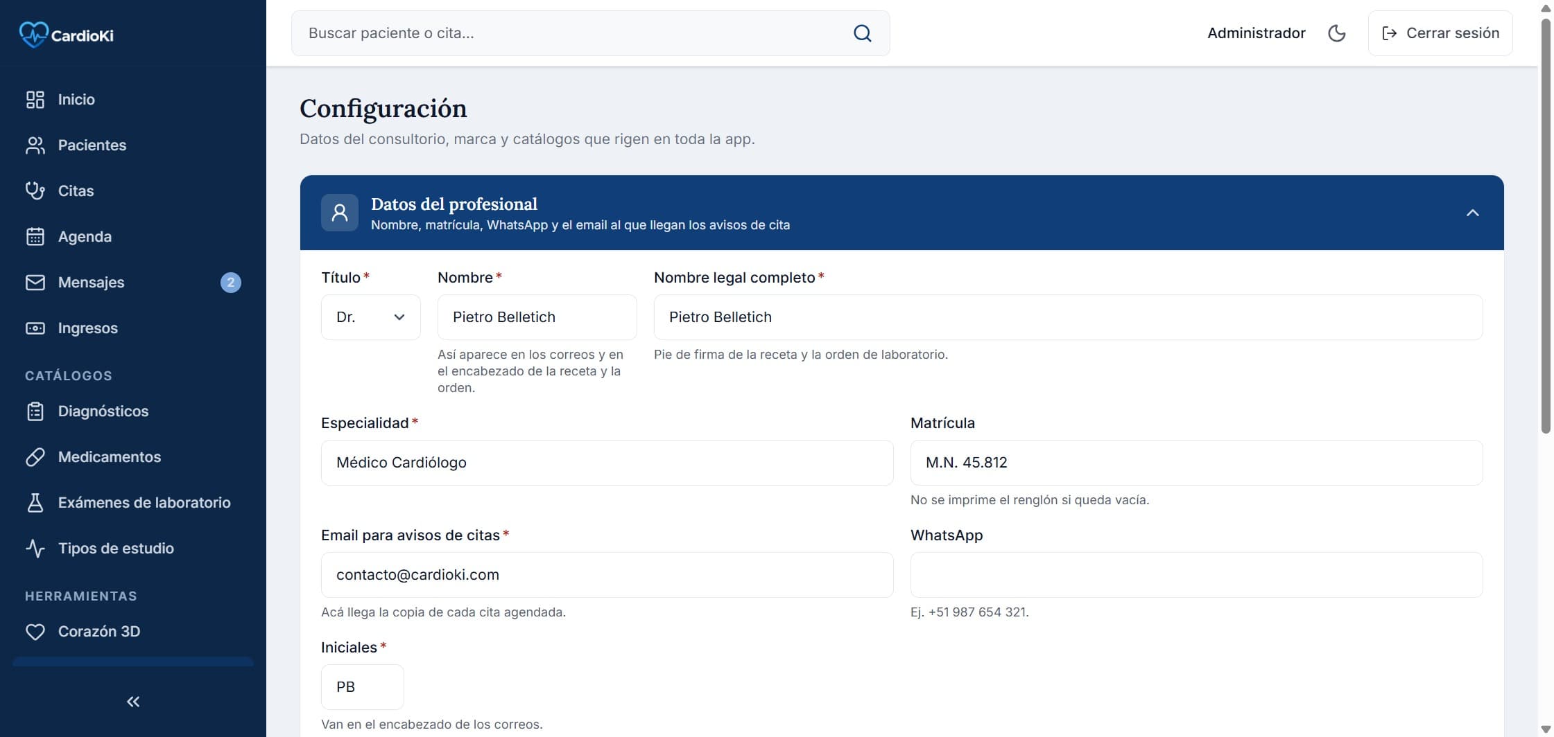 Pantalla de Configuración en la aplicación de CardioKi