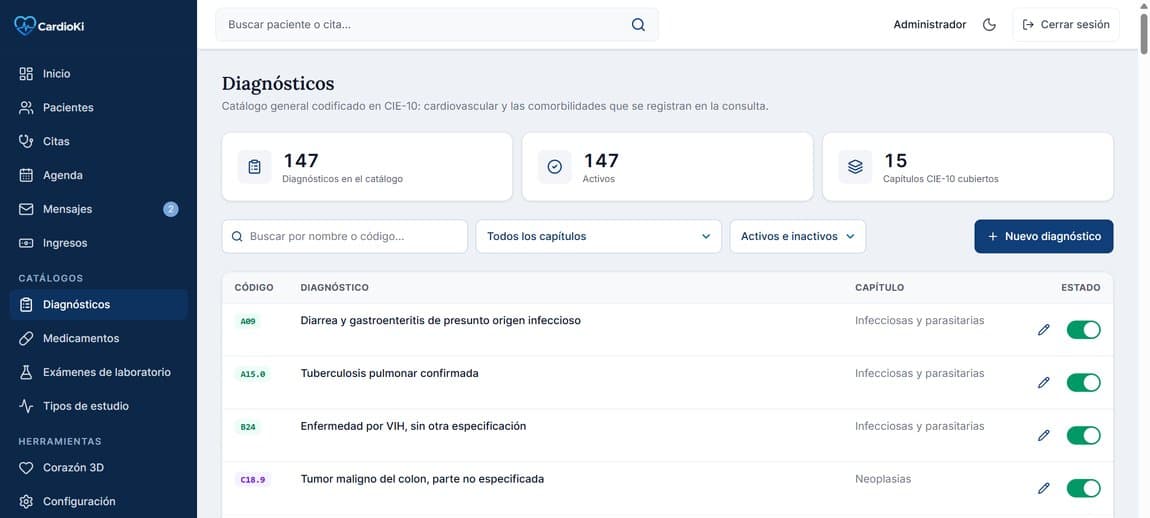 Pantalla de Diagnósticos en la aplicación de CardioKi