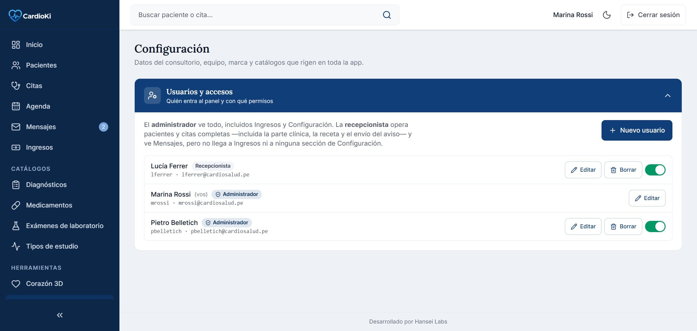 Pantalla de Equipo y accesos en la aplicación de CardioKi (1 de 2)