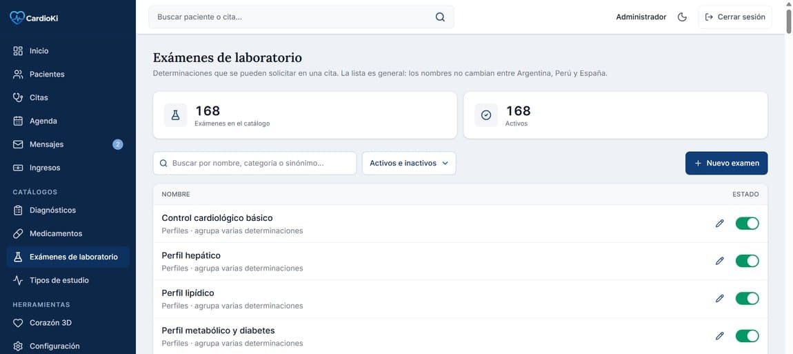 Pantalla de Exámenes de laboratorio en la aplicación de CardioKi