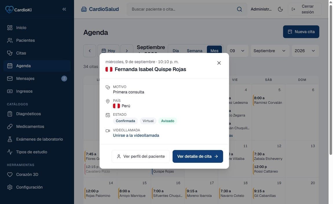 Pantalla de Integración de Google Calendar y Google Meet en la aplicación de CardioKi