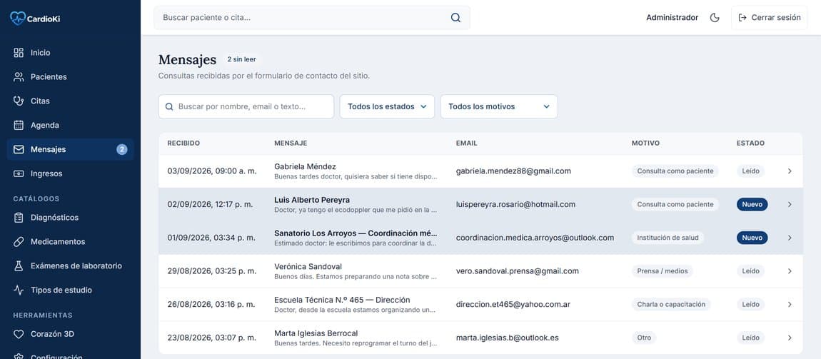 Pantalla de Mensajes en la aplicación de CardioKi