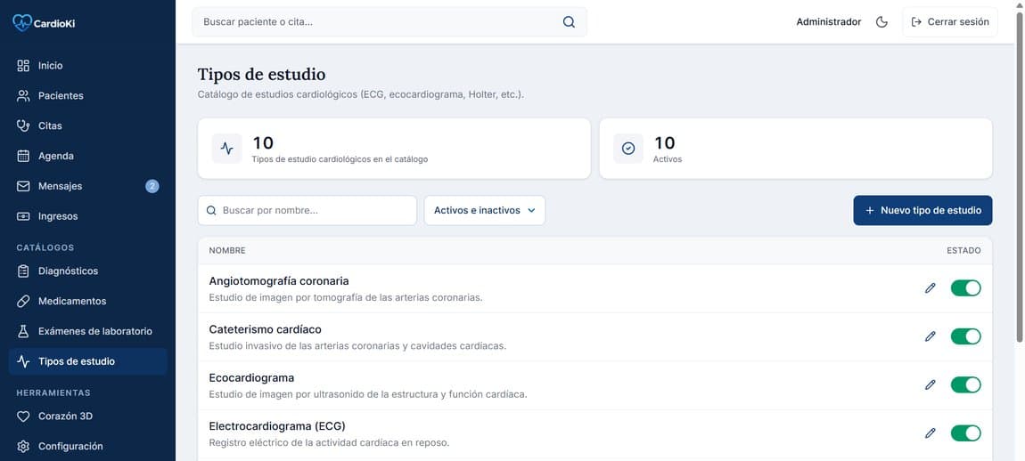 Pantalla de Tipos de estudio en la aplicación de CardioKi